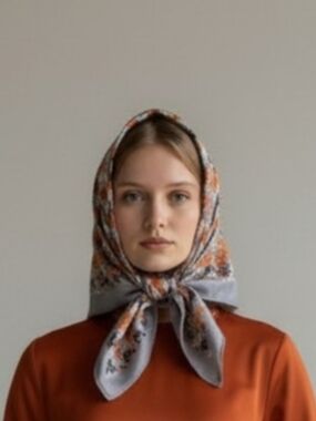 Retro Floral Sprigs Understated Gray and Orange Square Scarf